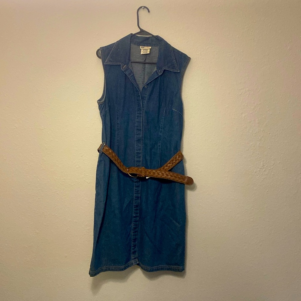 Extra large button up denim dress with brown braided belt